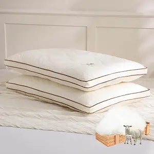 YOUR MOON Soft Natural Wool Pillow Queen Size Set of 2, Flat & Thin Wool Pillow for Sleeping, Breathable Soft Cotton Cover, Low-Loft Bed Pillows for Back and Stomach Sleepers (Off White)