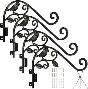 Plant Hangers Outdoor, 4 Pack 15.15 inch Swivel Plant Hangers Indoor Wall Mount Sturdy Wrought Iron Plant Wall Hanger, Wall Plant Hanger Indoor for Bird Feeders, Planters, Lanterns, Wind Chime, Black