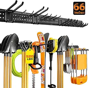 Garage Tool Organizer Wall Mount 66 inches with 13 Adjustable Heavy-Duty Hooks, Garage Organization, Garden Tool Storage Rack for Garage, Yard, and Shed, Holds Up to 520 lbs