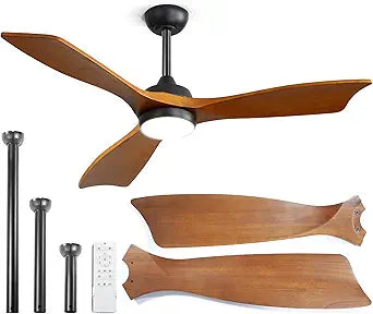 52" Ceiling Fan Light - 3 Walnut Wood Blades, UL Damp Rated, 3 Color LED (3000K-6500K) Dimmable, DC Motor 6 Speed Remote Reversible, ETL Listed for Farmhouse Bedroom Living Room
