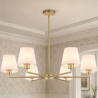 12"-55" Height Adjustable Brass Gold Chandeliers for Dining Room, 36" 6 Light No Assembly Required Antique Modern Brass Gold Chandelier Light Fixture with White Fabric Shade, Pendant Lights over Table