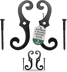 Renovators Supply Cast Iron Shutter Fasteners - Decorative S Style Shutter Dogs Hardware - Weatherproof Powder Coated External Shutter Tieback Including Mounting Screws - 6.5 Inches (Pack of 2 Pairs)