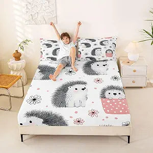 Hedgehog Fitted Sheet Kids Cute Hedgehog Bed Sheet Set for Girls Teens Ultra Soft Kawaii Wild Animal Bedding Set Polka Dots Bed Cover Room Decor Twin Size
