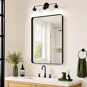 Koonmi Black Bathroom Mirror for Wall, 22x30 Inch Matte Metal Deep Framed Rounded Rectangle Wall Mirror for over Sink, Shatterproof Tempered Glass Mirrors for Bathroom, Hang Vertically or Horizontally