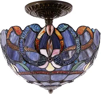 WERFACTORY Tiffany Ceiling Light Fixture Blue Purple Cloudy Stained Glass Semi Flush Mount Lamp Wide 12 Inch, Height 11 Inch S558 Series