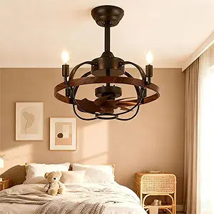 Farmhouse Rustic Ceiling Fan with Light and Remote, 20 Inch Brown Walnut Bladeless Rustic Chandeliers Fan, Vintage Chandelier Fan for Living Room, Bedroom, Hallway, Entryway Lighting