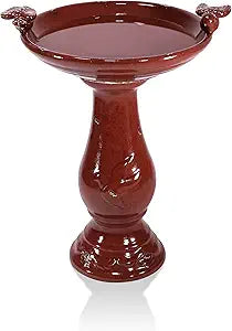 Alpine Corporation 25" Tall Outdoor Antique Ceramic Birdbath with 2 Bird Figurines - Vintage Style Garden Bird Bath Bowl for Patio, Yard, Lawn Decor, Red