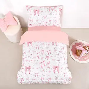 Toddler Bedding Set for Girls 4 Pieces Pink Rose, Soft Breathable Toddler Comforter Set, Bow Flower Print, Includes Reversible Comforter, Fitted Sheet and Flat Sheet, Pillowcase