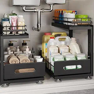 Under Sink Organizer Upgrade To Professional Rails,2-Tier Dual Pull Out Cabinet Storage,Height Adjustable Slide Out Drawers For Bathroom Kitchen,2 Pack-14.5" Dx12.8-16.9" H,Black