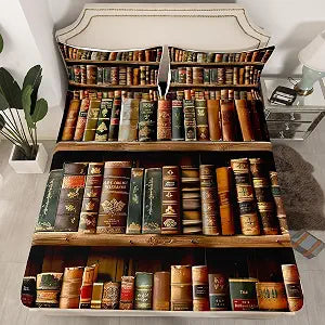 Library Fitted Sheet & Pillow Sham Set Old Books Bed Sheet Set for Kids Children Teens Retro Wooden Bookshelf Bedding Set Vintage Museum Bed Cover No Flat Sheet Bedroom Decor 3Pcs Full Size