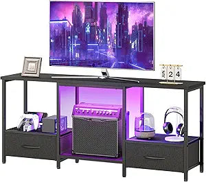 HOOBRO LED TV Stand with Storage, LED Entertainment Center with Open Shelves and Drawer, Fits TVs up to 55", Television Stand for Living Room, Bedroom, Black BB123DDS01G1