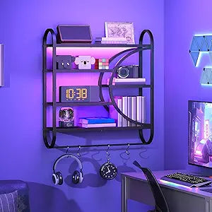 HOOBRO Gaming Floating Shelves with LED Lights, 28.9" LED Wall Mounted Shelf, 5-Tier Display Rack for Wall Storage, Floating Rack with Hanging Rod and 4 S-Hooks, for Game Room, Black BB50DBJ01