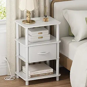 Bedroom Nightstand with Charging Station, Bedside Table with Adjustable Fabric Drawer, 3-Tier Night Table, 2-Min Installation Without Tools, Bedroom Side Table, White