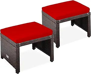 Best Choice Products Set of 2 Wicker Ottomans, Multipurpose Outdoor Furniture for Patio, Backyard, Additional Seating, Footrest, Side Table w/Removable Cushions, Steel Frame - Brown/Red