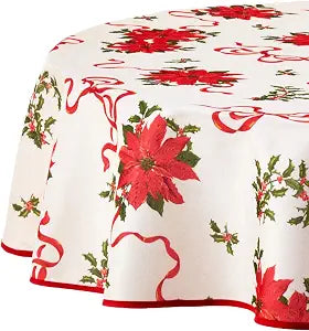 Violet Linen Decorative Christmas Poinsettias and Bows Design Tablecloths - 60" Round