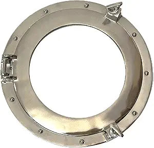 Silver Chrome Porthole Mirror, 15 Aluminum Nautical Wall Glass with Rivets & Toggle Closure  Coastal Maritime Decor for Bathroom, Living Room, Entryway