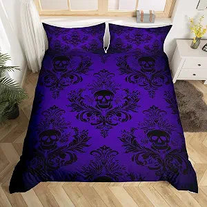 Gothic Skull Duvet Cover Set King Size,Purple Vintage Damask Lace Pattern Reversible Comforter Cover with 2 Pillowcases,Boho Victorian Baroque Floral Microfiber Quilt Cover Set (NO Comforter)