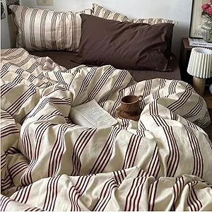 Striped Duvet Cover Queen Size - Brown Stripes Bedding Set 3 Pcs Girls Comforter Cover Soft Breathable Microfiber Quilt Cover with Zipper Closure and 2 Pillowcases
