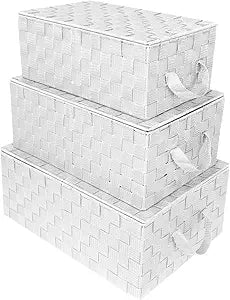 Sorbus Set of 3 Storage Baskets for Organizing with Lid, Mesh Hand-Woven Design, Linen Closet Organizers and Storage, Organizer Storage Baskets for Shelves, Variety Pack Organizers and Storage (White)