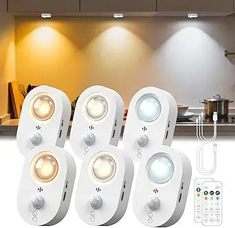 LOHAS 6-Pack Rechargeable Motion Sensor LED Puck Lights, Stick-On Wireless Magnetic Night Lights with Remote, Adjustable Brightness, Dimmable Under Counter Lights for Drawer, Kitchen, Bedroom, White