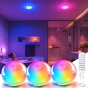 3-Pack Waterproof Shower Lights for Inside Shower, Rechargeable Mood Lighting with Remote Touch Control, Wireless Ceiling Light for Bathroom, LED Shower Lamp for Night Shower & Relaxing Routines