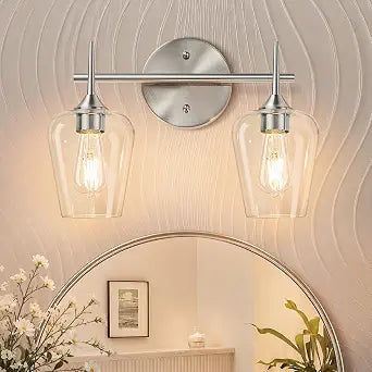 MOKATNG 2-Light Bathroom Light Fixtures, Brushed Nickel Vanity Lights for Bathroom with Clear Glass, Bathroom Lighting Fixtures Over Mirror, Modern Wall lamp for Cabinet Hallway