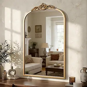 1 Set Vintage Mirror 20x30 Gold Antique Baroque Arched Ornate Traditional Brass Mirror and 8.5x12 Vintage Vanity Makeup Desk Table Mirror for Bathroom Entryway Living Room Hallway Fireplace