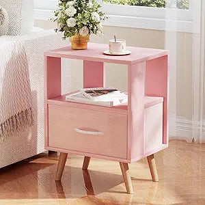 Huhote Kids Nightstand, 2-Tier Night Stand with Drawer, Modern Side Table for Bedroom, Study Room Small Spaces, Pink