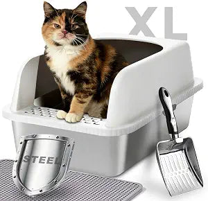 Stainless Steel Cat Litter Box with Lid, 24" L x 16" W x 12" H, Extra Large Enclosed Litter Box for Cats, High Sided Anti Leakage, Non-Stick, Includes Stainless Steel Scoop & Cat Mat