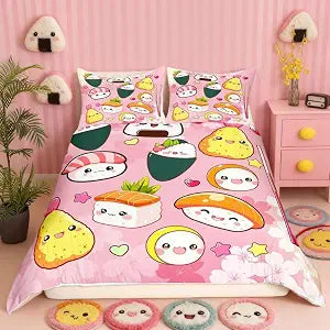 Sushi Pattern Duvet Cover Japanese-Style Bedding Set Food Theme Comforter Cover for Boys Girls Kids Room Decor Cute Sushi Lightweight Bedspread Cover Twin Size with 1 Pillow Case(No Comforter)