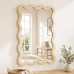 22"x30" Wood Wavy Wall Mirror for Powder Room, Solid Wood Squiggle Mirror for Vanity, Small Asymmetrical Irregular Mirror, Natural Wooden Boho Aesthetic Decor