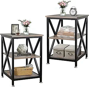 End Tables Living Room Set of 2, 16" D x 16" W x 24" H, Indoor End Tables Living Room with Storage Shelf, Square End Table Set of 2, X-Shaped Night Stands for Bedroom, Farmhouse Wood Side Tables