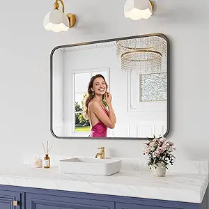 Koonmi Bathroom Mirror, 28X36 Brushed Black Rectangle Wall Mirror, HD Tempered Glass, Anti-Rust Frame Vanity Mirror, Rounded Rectangle Mirror for Restroom, Bedroom, Hangs Horizontal or Vertical
