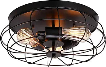 Flush Mount Ceiling Light Vintage Black - Industrial Metal Cage Fixture with 3 E26 Lights for Bedroom, Kitchen, Dining Room, Living Room, 15.74x13.86x7.08 Inches
