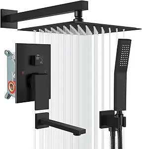 gotonovo Shower System with Tub Spout Wall Mounted Rain Shower Head and Handle Combo Shower Faucet Set with Valve, 12 Inch, Matte Black