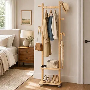 Solid Wood Coat Rack Freestanding Clothing Rack with Wheels & 2 Shelves Storage & 5 Hooks Heavy Duty Clothes Rack Wood Coat Tree Stand Hat Hanger Rack for Corner Bedroom Entryway Living Room Hotel
