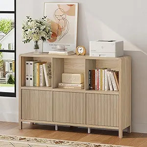 FATORRI 6 Cube Horizontal Bookshelf with 3 Doors, Modern Wood Book Shelf with Storage, Low Cubby Bookcase for Home Office (Light Walnut)