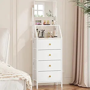 HIGDBFE 4-Drawer Dresser with Mirror, Vanity with 2-Tier Shelves, Fabric Chest of Drawers for Small Space, Vertical Storage Cabinet for Bedroom, Nightstand Bedside Table Furniture, White, 15.3" W