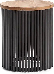 SIMPLIHOME Demy Metal and Wood Accent Table - 18 inch Wide Solid Metal Round End Table in Natural and Black, Industrial Side Table or Coffee Table for Living Room with Compact Design, Assembled | Side Table