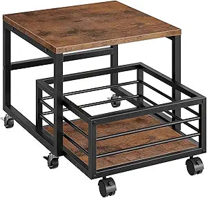 HOOBRO End Table, Mini Fridge Stand with Storage, Mini Fridge Table with Wheels and Adjustable Feet, Sturdy Metal Frame, for Living Room, Bedroom, Office, Rustic Brown and Black BF155TL01