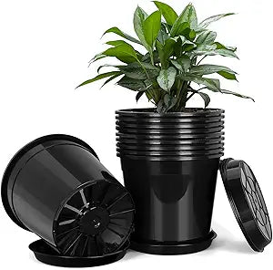 FUIJOL 2 Gallon Plastic Pots with Drip Trays, Sturdy Gallon Plant Pots with Drainage Holes, Large Plastic Planter for Flowers, Ideal for Indoor and Outdoor Use (2Gallon-10PACK)