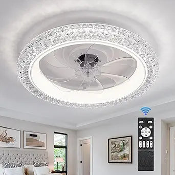 OOWOLF Acrylic Crystal Ceiling Fans with Lights Remote, 20" Low Profile Ceiling Fan, 50W Dimmable Modern Flush Mount LED Fan Light, 6 Wind Speeds, Timer Fandelier Ceiling Fans for Livingroom Bedroom
