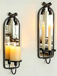 Candle Sconces Black Wall Decor: Set of 2 Metal Wall Candle Holder Decorative for Taper Pillar Candles - Vintage Bow Mirror Sconces Art for Fireplace Bathroom Livingroom