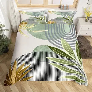 Erosebridal Mid Century Boho Comforter Cover King Size Modern Geometric Duvet Cover,Minimalist Bedding Set Abstract Retro Sun Aesthetic Arch Curve Leaves Bed Set,Green Gold