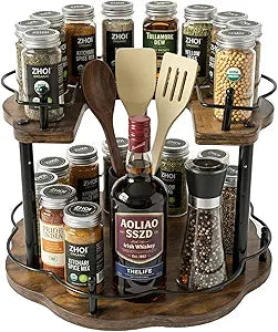 12 Inch Wood Lazy Susan Organizer Spice Rack, Lazy Susan Organizer, Height Adjustable Spice Rack, Kitchen Cabinet Storage and Pantry Turntable for Seasonings, Cans, Jars