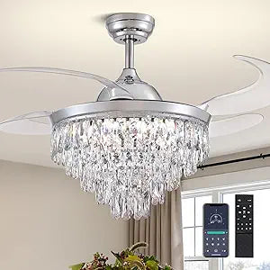 48" Crystal Ceiling Fans with Lights and Remote, Dimmable, 6 Speeds, Luxury Chandelier Fan Chrome Crystal Fandelier for Dining Room Living Room Bedroom