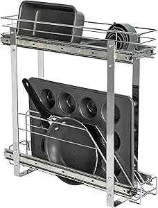 Household Essentials Glidez Multipurpose Chrome-Plated Steel Pull-Out/Slide-Out Storage Organizer for Cookware and Bakeware - 2-Tier Design - Fits Standard Size Cabinet or Shelf, Chrome
