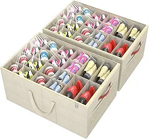 Aokeyee 2 Pack Shoe Organizer for Closet, Large Shoe Storage Box Fits up to 48 Pairs, Space Saving Foldable Shoes Organizer Bin w/Clear Cover and 4 Reinforced Handles, Beige