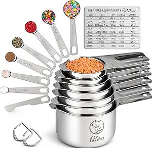 Stainless Steel Measuring Cups and Spoons Set of 16-7 Cup & 7 Spoon + Conversion Chart & Leveler - Kitchen Measuring Spoons and Cups - Dry Measure Cups Stainless Steel & Baking Metal Measuring Cups