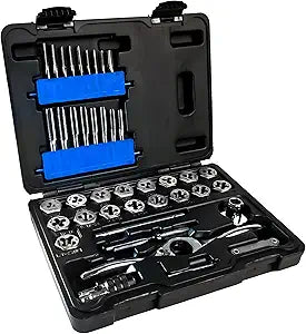Champion Cutting Tool 40-Piece Tap and Die Set, UNC/UNF SAE Sizes with Ratcheting Wrench, High Speed Plug Taps and Hex Dies for Metalworking, Automotive, Construction, Part# CS40P-A